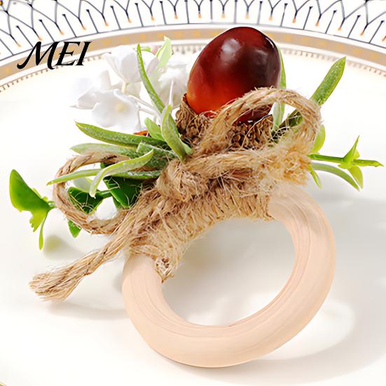 Harvest Party Supplies Artificial Rosemary Napkin Ring, Wooden Ring Holder with Faux Acorns Decorative Bands Flowers, Autumn Rustic for Farmhouse