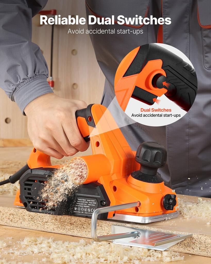 Electric Hand Planer, 82 mm Cut Width, 650W 16800 RPM Corded Power Handheld Planer for Wood, with Adjustable Cut Depth, 2 Blades, for Woodworking Wood