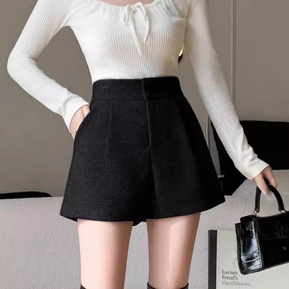 Dámské vlněné šortky s vysokým pasem ve střihu A - Korejský styl, volný střih, ideální na jaro/podzim