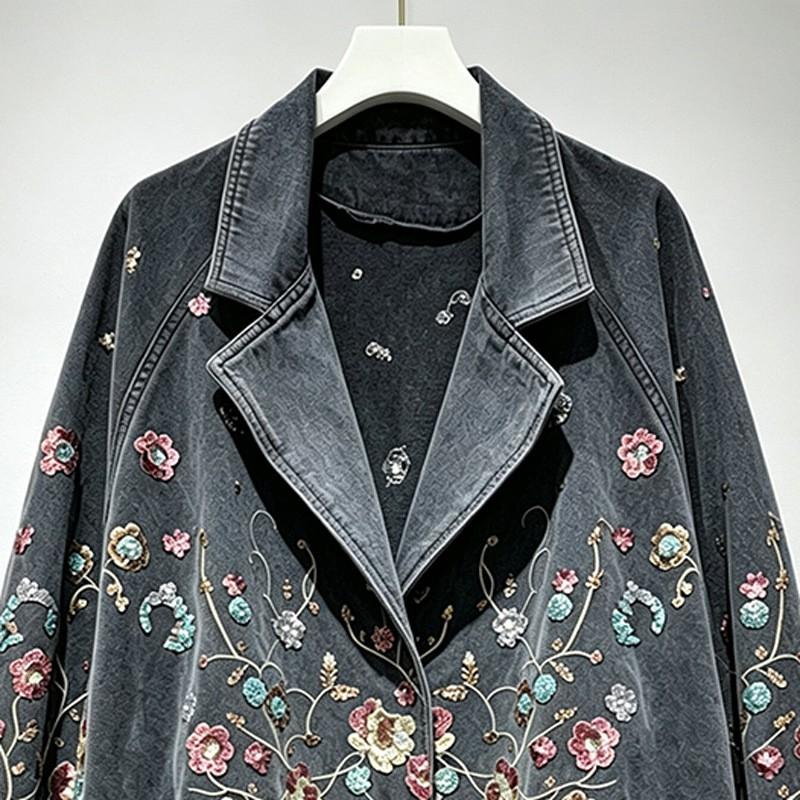 Vintage Embroidered Sequin Denim Jacket Women 2026 Casual Short Batwing Sleeve Streetwear