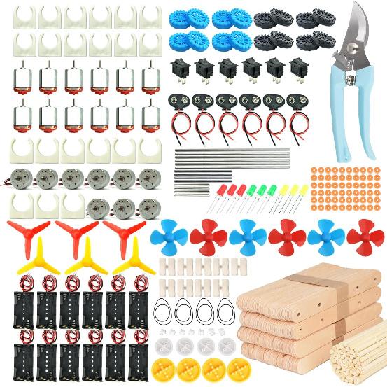 EUDAX 465PCS DC Motor Kit STEM Mini Electric Motor Kit for DIY Science Projects, LED Light Vanes Propeller, AA Battery Holder, Plastic Gears,