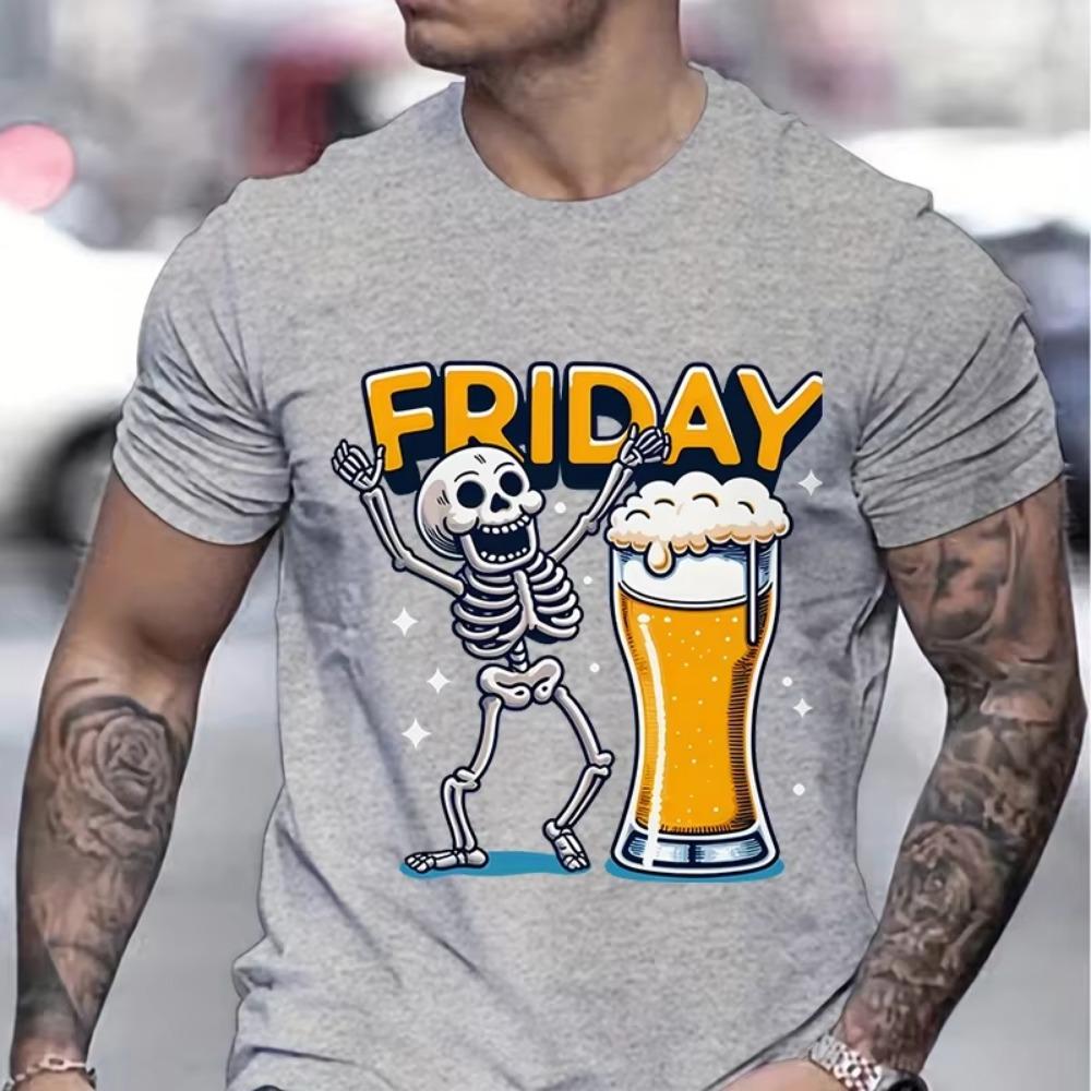 Cartoon Skeleton Cheering T-shirt Men Beer Friday Cheering Skull Print Fashion Casual Top Skeleton Beer Graphic Cartoon T-shirts
