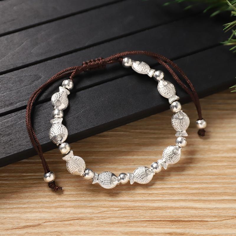 Handwoven bracelet retro silver copper coin small fish bracelet niche hand rope accessories women