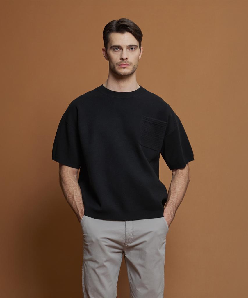 PANICALE Black Wool Blend Short Sleeve Pocket Sweater