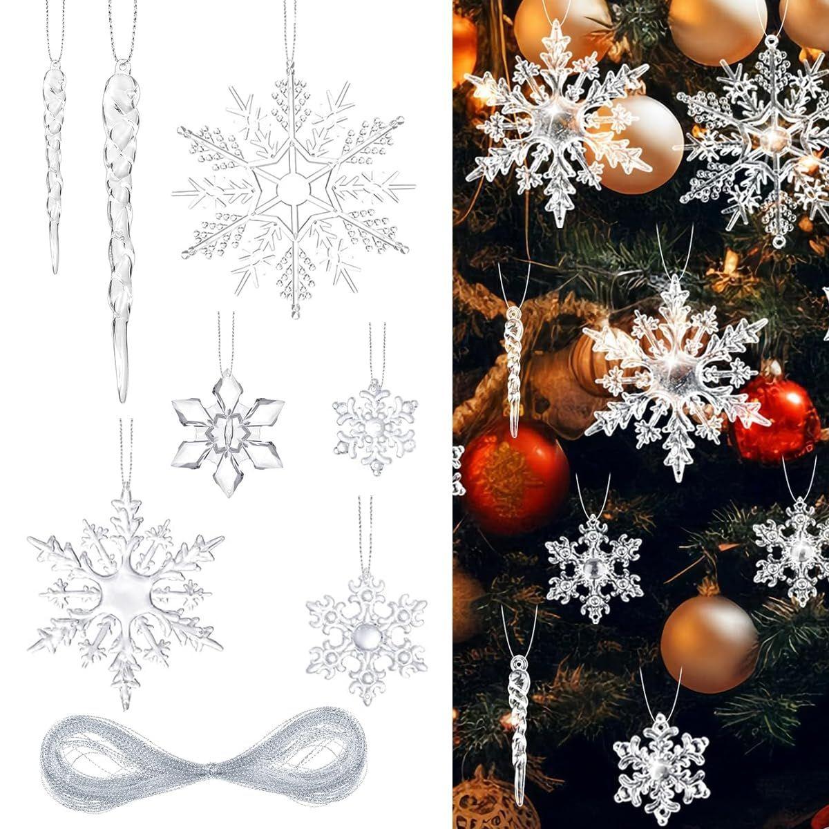 

35Pcs Christmas Tree Decoration Items Small Transparent Crystal Acrylic Christmas Decor Snowflake Icicle Hanging Christmas Ornaments