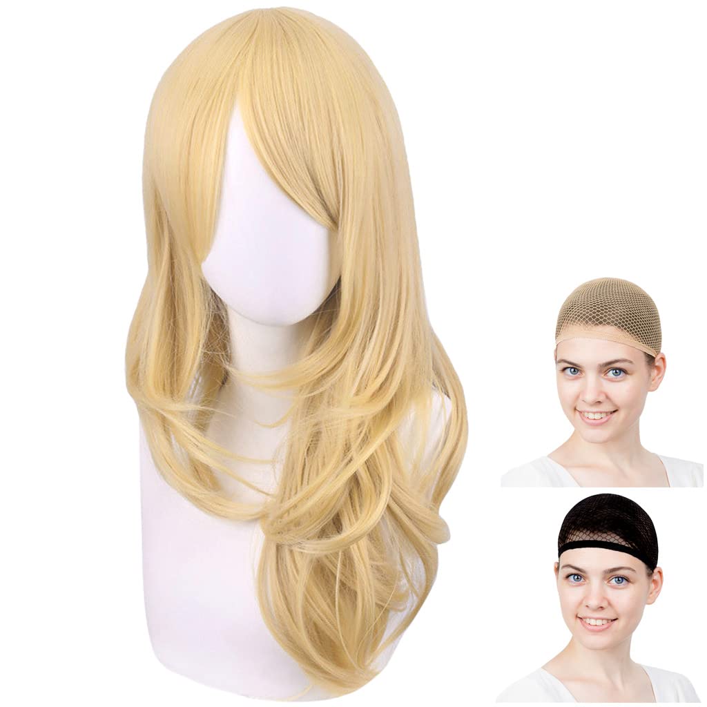 CaseEden Cosplay Wig, Long Wavy Hair, 60cm, Heat Resistant, Gold Blonde, Includes 2 Wig Nets