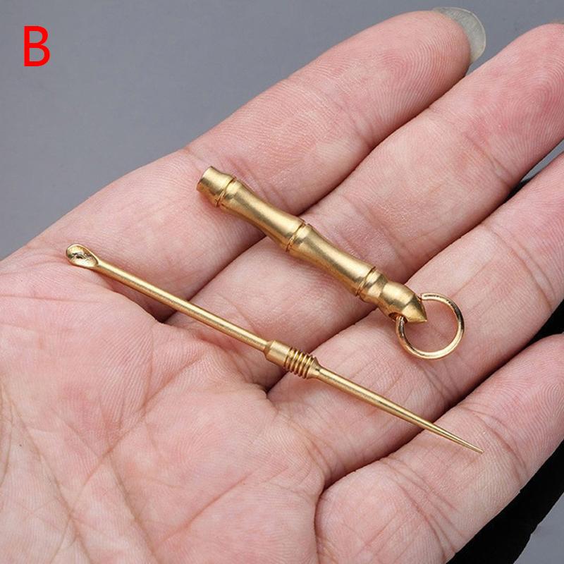 

New Style Solid Copper Bamboo Keychain Pendant Vintage Brass Metal Mutilfunction Hanging Ear Picks Spoon Key Chains Pendant Dual use