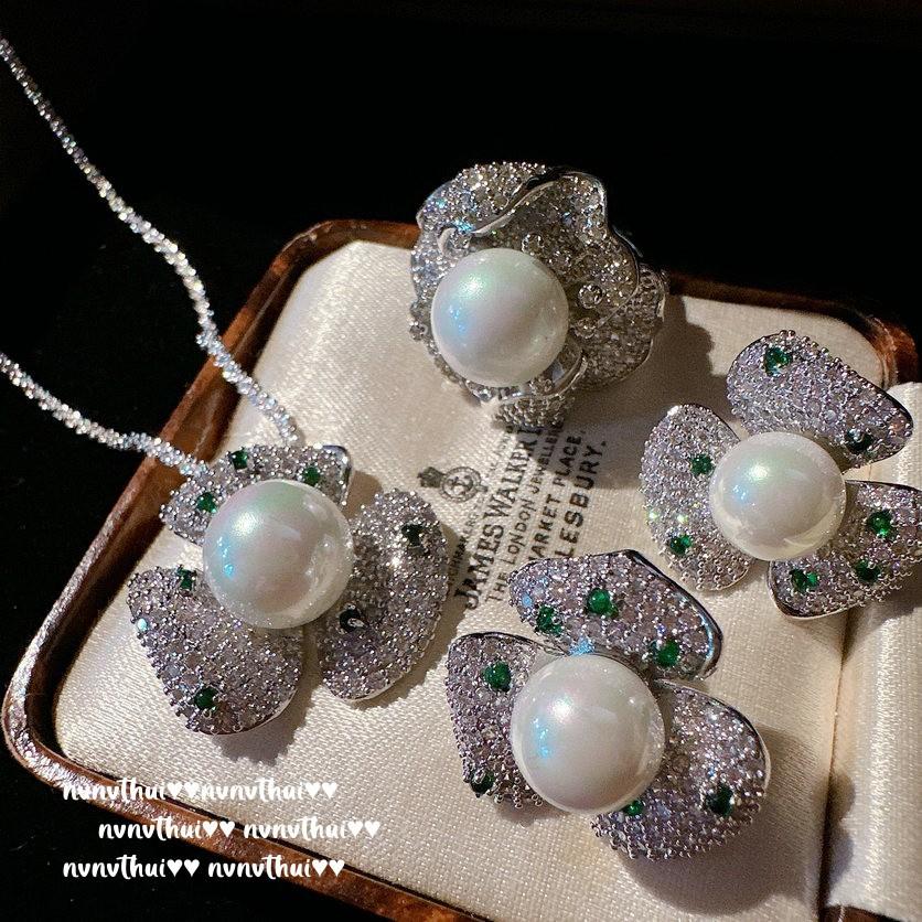 Mermaid Princess, Flower Gem Pearl Necklace, Tahiti, Vintage Flower, Zircon Pearl Ring, Combination