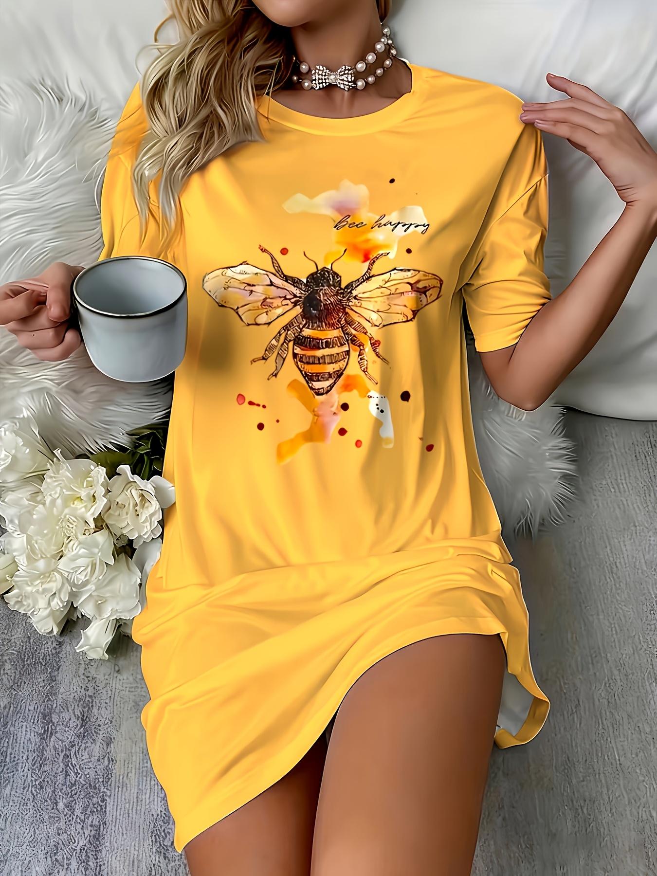 

Women S Spring Summer Casual Loose Comfortable Home Dress. Round Neck Short Sleeve T-Shirt Yellow Bee Print Nightgown 6XL дубильна кора