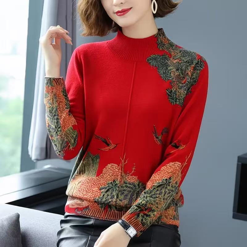 Maglione di Lana Caldo da Donna Mamma di Mezza Età Autunno Inverno Top a Collo Semi Alto