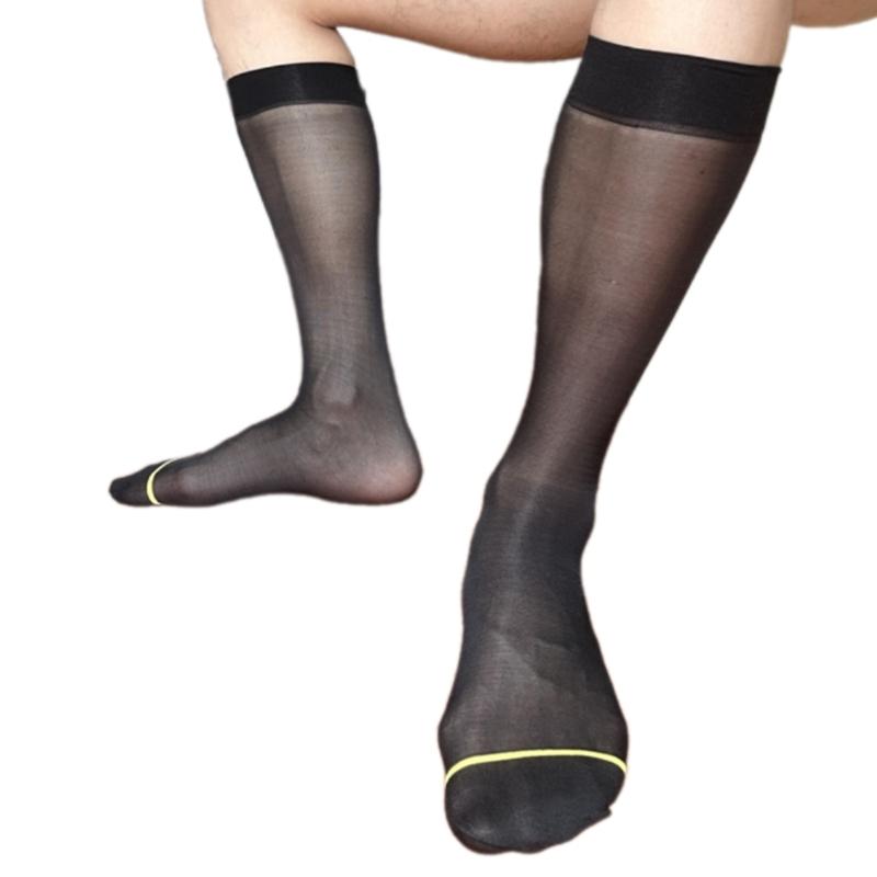 Men's Over The Calf Dress Socks Breathable Fabric Thin See Through Nylon Stockings for Formal Event and Business Meeting