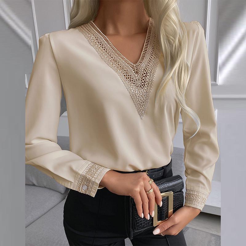 2026 Autumn Lace Trim V-neck Long-Sleeve Shirt