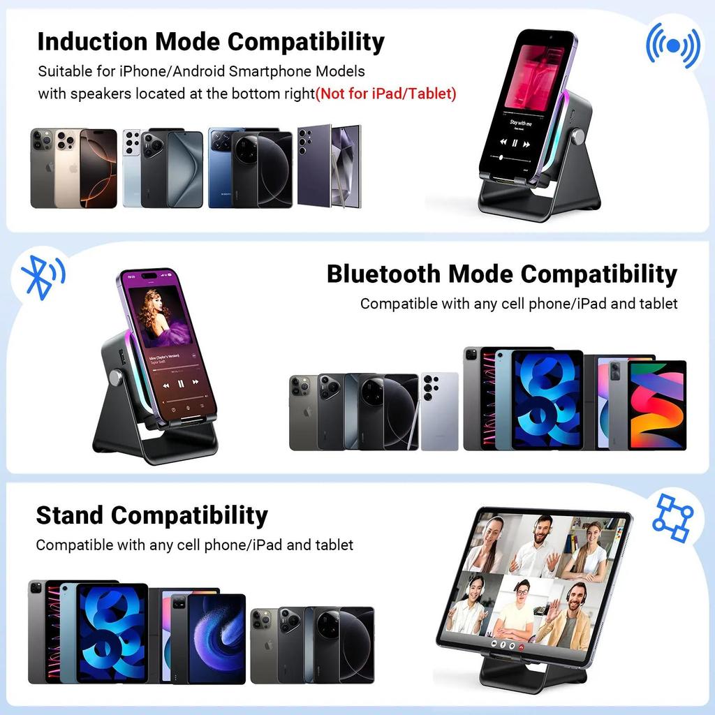 Wireless Induction Audio Speaker Stand, 5in1 Cellphone Holder, 3500mAh Rechargeable Emergency Power Bank