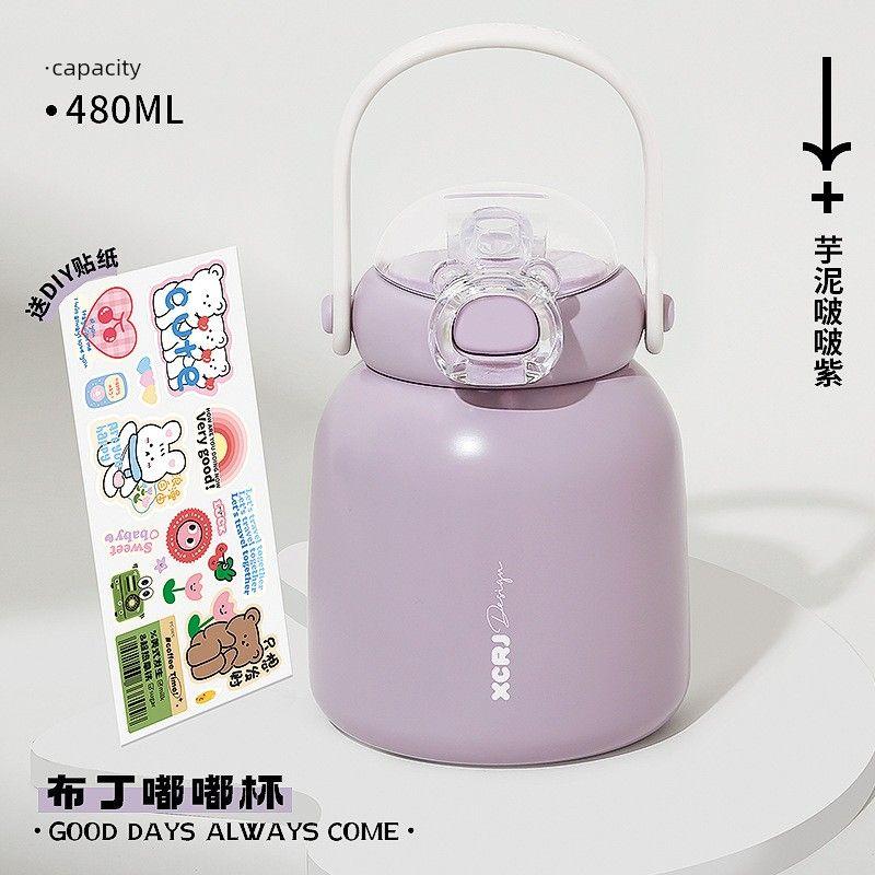 316 Stainless Steel Large-Capacity Thermos Cup for Girls, Stylish Large Belly Cup, Small Tea Diary Cup, Children s Water Bottle, Anti-Drop Cup Taro Mud Bobo Purple 480ml