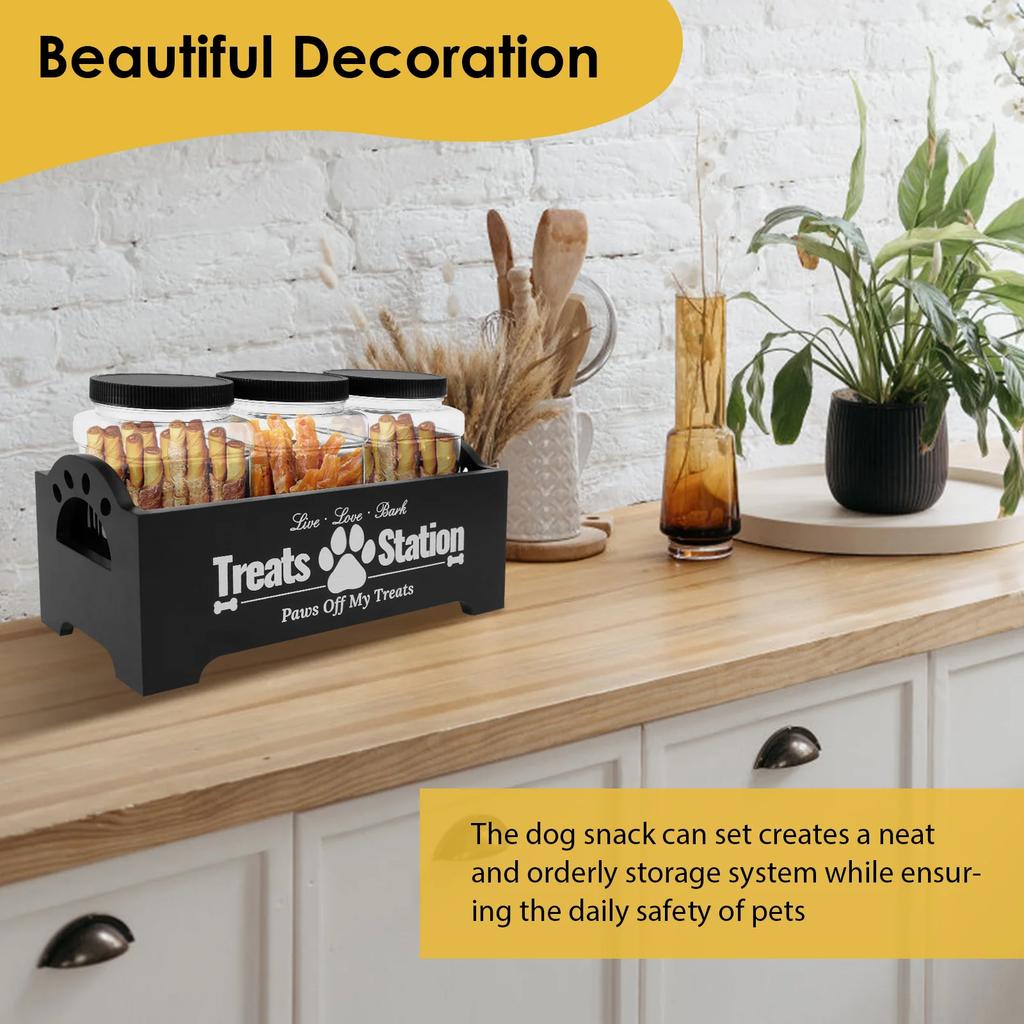 Wood Dog Food Container with 3 Plastic Treat Jars Cat Food Container with Handles Practical Food Storage Container Decorative