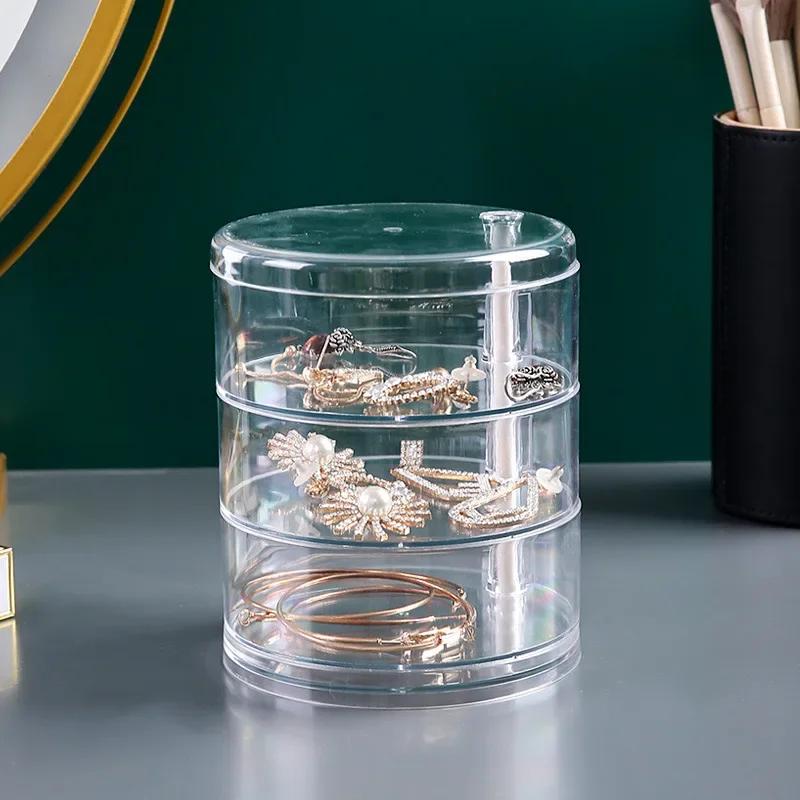 Rotating Jewelry Storage Box Makeup Storage Rack Bracelet Earring Round Plastic Organizer Boxes Holder Display Rack with Cover