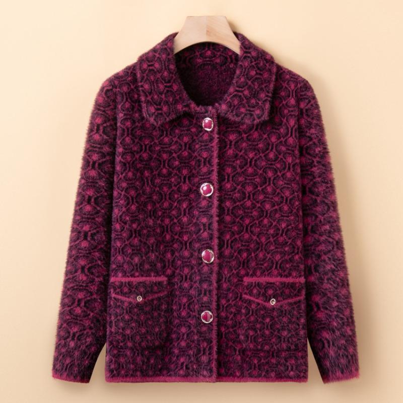 Medium Mother Imitation Mink Hair Knitted Jacket Middle-aged and Elderly Women's Clothing Thickened Large-size Sweater Jacket Old Lady Clothes