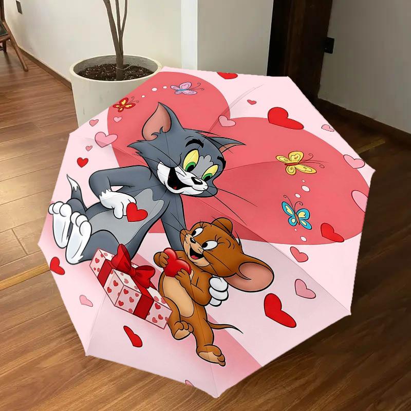 1pc Tom and Jerry Automatic Open/Close Umbrella Compact Folding Umbrella with 8-Rib Shaft Lightweight Esign, for Women/Men1217A