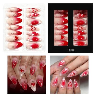 48 Pièces Faux Ongles Romantiques Sucrés Cœurs Rouges Nœuds avec Paillettes Points Thème Saint-Valentin ABS à Presser pour une Application Facile