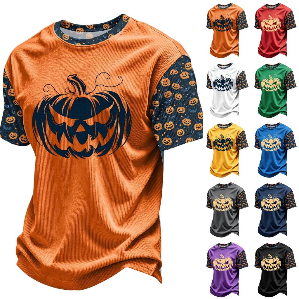 Herren Kord-Rundhals Leicht Atmungsaktiv Kurzarm Oberteil Halloween-Druck Kürbis Grafik Buchstaben oder Süßes Design Freizeithemd