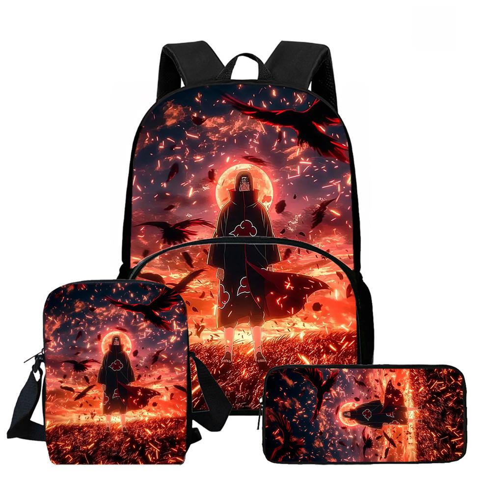 3Pcs Set School Backpack with Front Pocket, Crossbody Bag & Pencil Bag, Cartoon NARUTO, Lightweight for Boys & Girls Ages 6-10