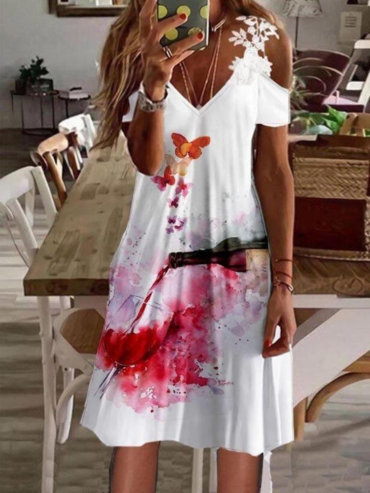 Sommer schulterfrei Blumendruck Sexy Spitze Sommerkleid Damen Lässig Strand Urlaubs Kleid Kurzarm Vestidos Mode Damen