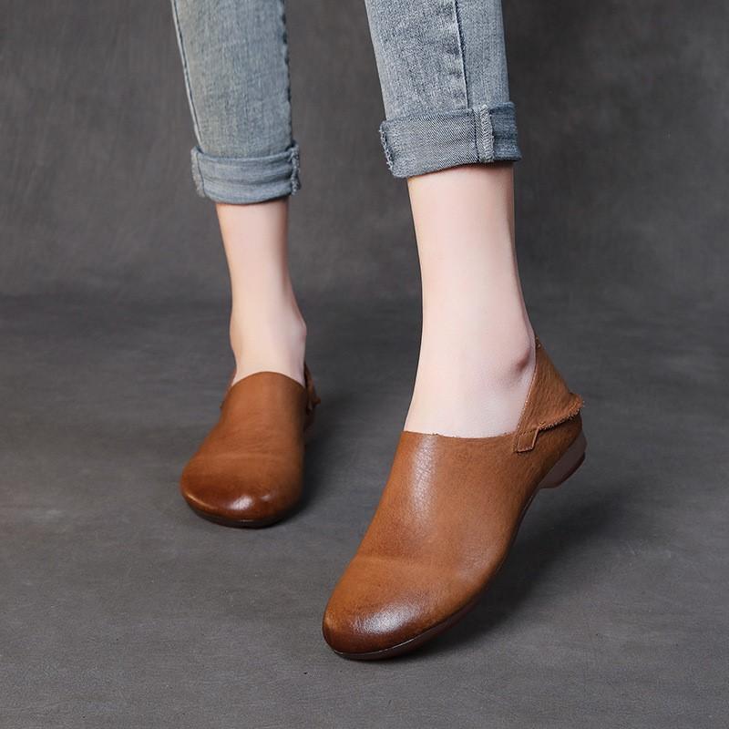 Johnature Genuine Leather Loafers Round Toe Soft Soled Versatile Soft Cowhide Women's Low Heeled Leisure Shoes