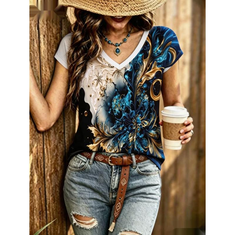 Womens V-Neck Short Sleeve Loose T-Shirt With Colorful Polka Dot Print Casual Oversized Top Daily Wear