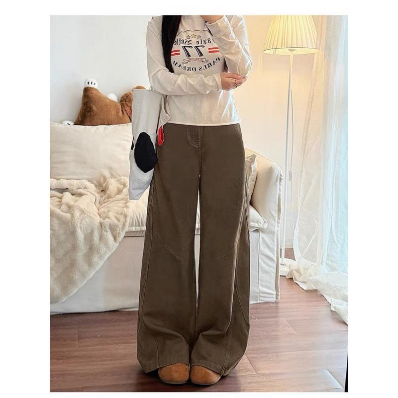 

American Brown Velvet Wide-Leg Jeans - High-Waisted Floor-Length Pants for Autumn/Winter. XL коричневый/кофейный