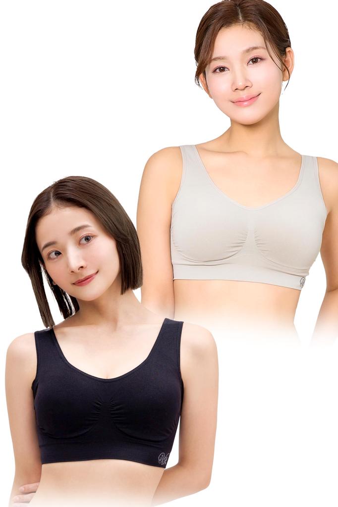 VIAGE Beauty Up Night Set 6 Sizes High Side Compression Back No Constriction Bra, 2-Piece (Black/Warm Gray, Small), Available, Design, Wireless,