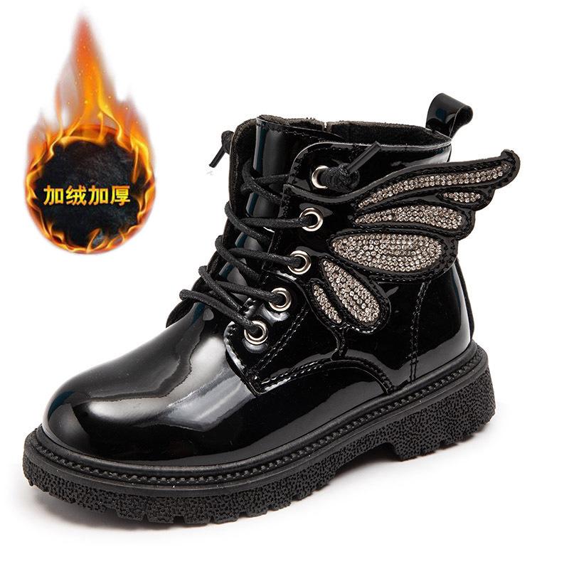 Kinder Winter Samt Martin Stiefel Mädchen Lackleder Flügel bequeme Baumwollschuhe Jungen Low-Top Lederstiefel