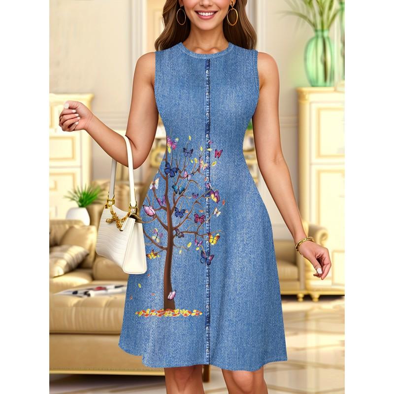 Womens Casual Sleeveless Round Neck Midi Dress With 3D Print Breathable Comfort Fit Elegant Office Style