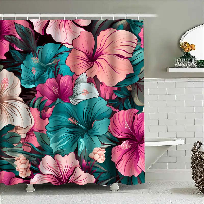 Colorful Hibiscus Shower Curtain Premium Quality Fabric Bath Decor For Home Decoration In Pink Blue Floral Pattern Design