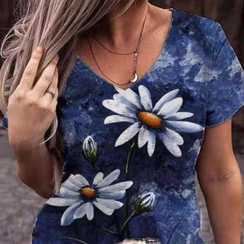 DAFIFY Camisetas y tops con cuello en V de manga corta con estampado de flores informales de verano a la moda para mujer