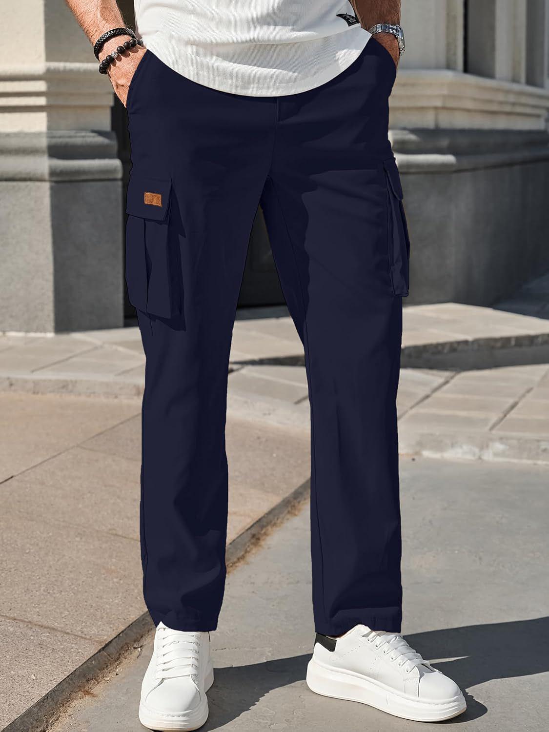 2026 Men s Casual Polyester-Cotton Workwear Drawstring Multi-Pocket Cargo Pants M темно-синий