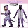 Déguisement de dinosaure violet amusant et féroce pour enfants, idéal pour Halloween ou une fête.