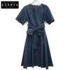 LE PHIL 534-9140301 Waist Ribbon V-neck Dress 1 NavyUsed