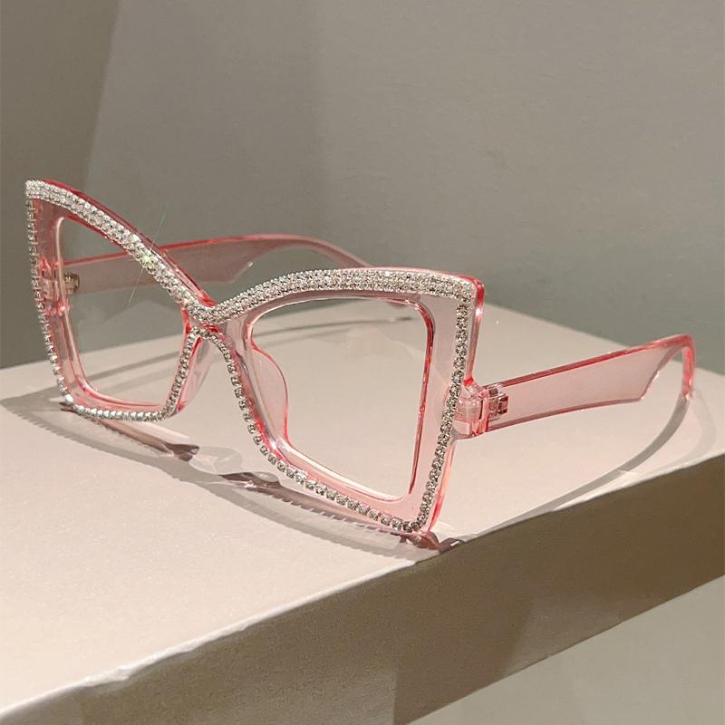 Trendy Retro Oversize Cat Eye Frame Women Crystal Shiny Decor Glasses Blue Light Blocking Ins Brand Design Eyewear