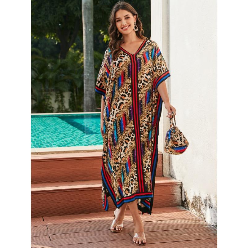 Damenmode Sommer Frühling Leopardenmuster 1/2 Ärmel V-Ausschnitt Lose Taille Freizeitkleider