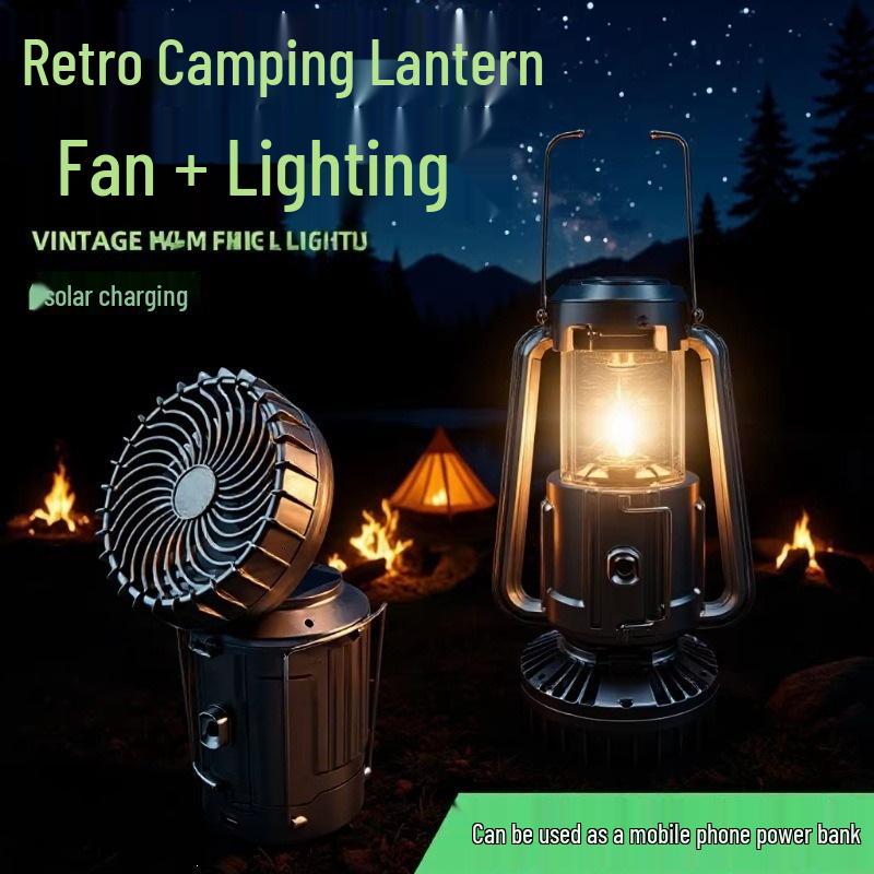 Portable Solar-Powered Camping Fan Light with Pull Switch, Lithium and Dry Battery Compatible