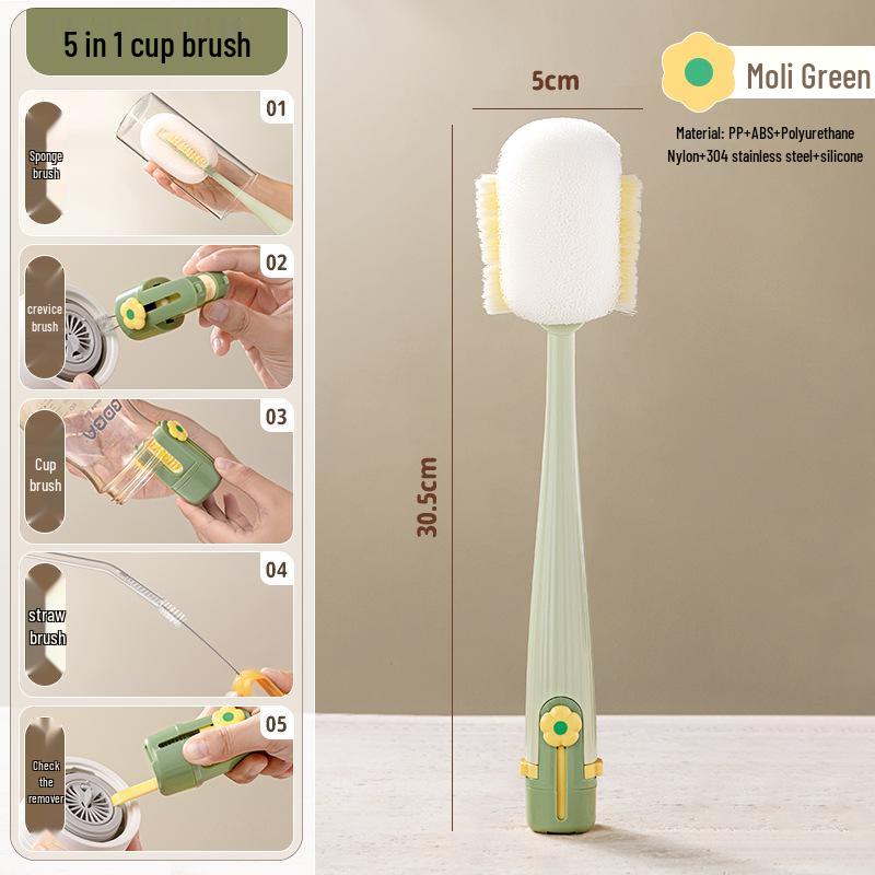 5-in-1 Long Handle Brush for Cleaning Thermos, Water Cups, and Bottles