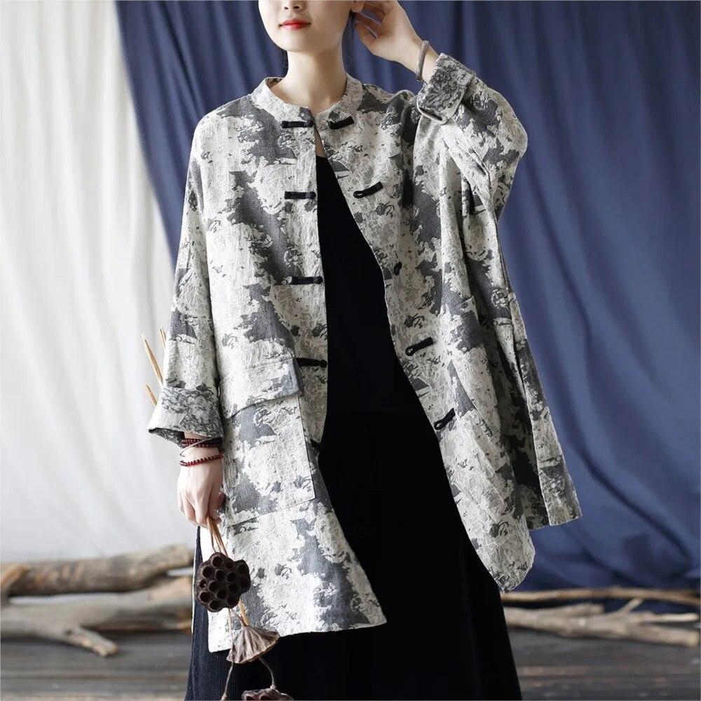 Johnature Women Vintage Jacquard Stand Long Sleeve Trench Button Spring Coats Chinese Style Patchwork Pockets Trench