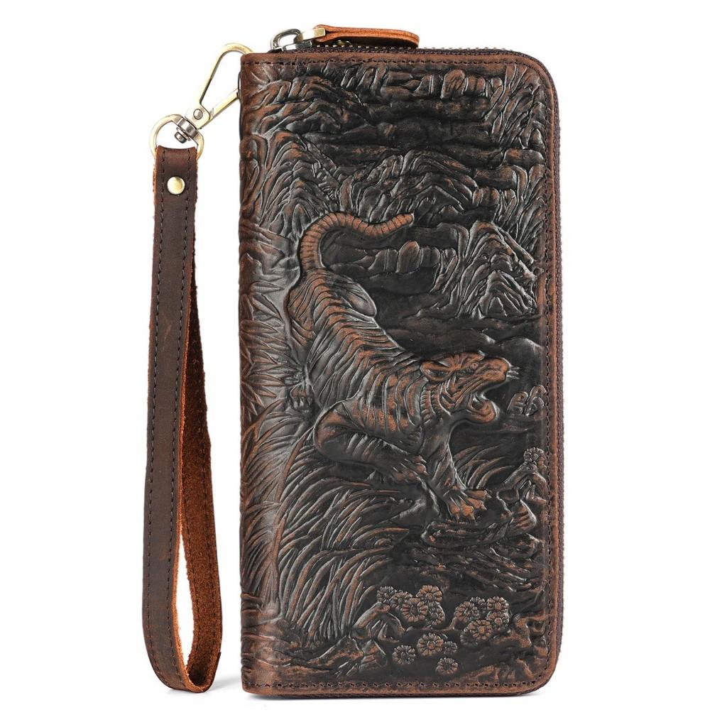 New Men's Genuine Cowhide Clutch Wallet Vintage Embossed Multi-Card Slots Wrist Strap Ready Stock Luxury Long Wallet