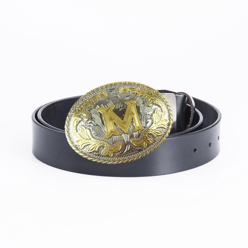Whole Cowhide Retro Men's Belt Letter M Gold and Silver Two-color Oval Buckle Belt