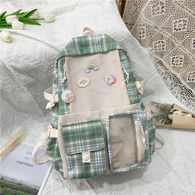 

Winter New Transparent Pocket College Style Student Backpack Fashion Color Block Casual Plaid Backpack зелёный
