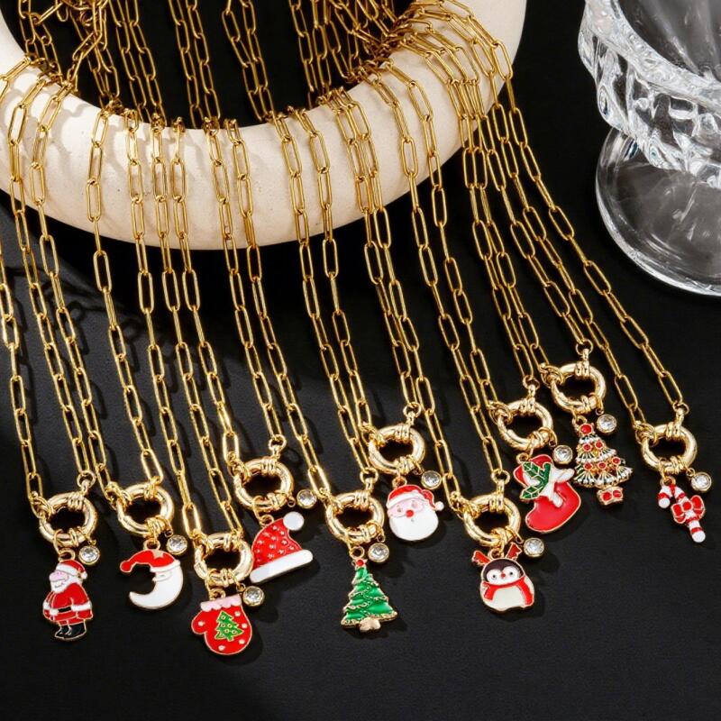 Christmas Stainless Steel Necklace Set - Santa Reindeer Snowman Pendants Lobster Clasp Adjustable Festive Jewelry Gift
