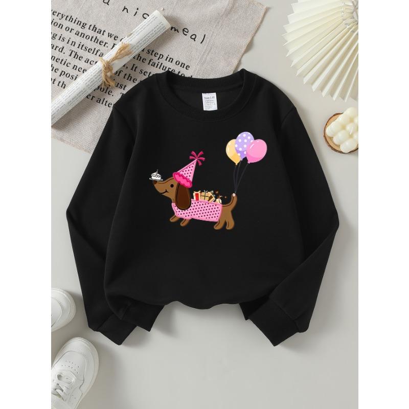 European Sizes Girls' Long-Sleeve Round Neck Sweatshirt "Birthday Dog" Print, Spring/Autumn, Casual, Daily & Sports.