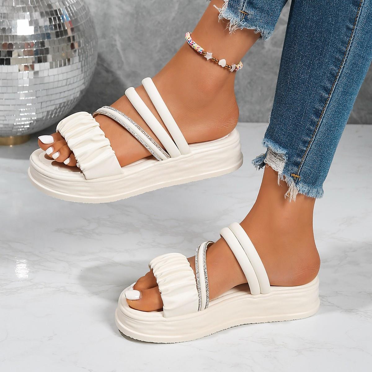 

Fashion Fashion Sandals Women PU Leather Metal Detailed Buckle Strap Plus Size 42 Summer Beach Ladies Mid-heel Shoes 35 бежевый