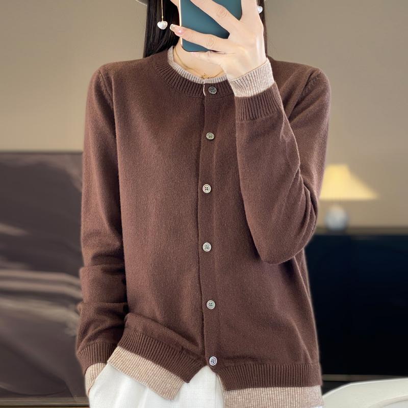 Suéter Cárdigan de Punto de Primavera Otoño Ropa de Mujer Cuello O Patchwork Femenino Manga Larga Tops Tejidos Suéter