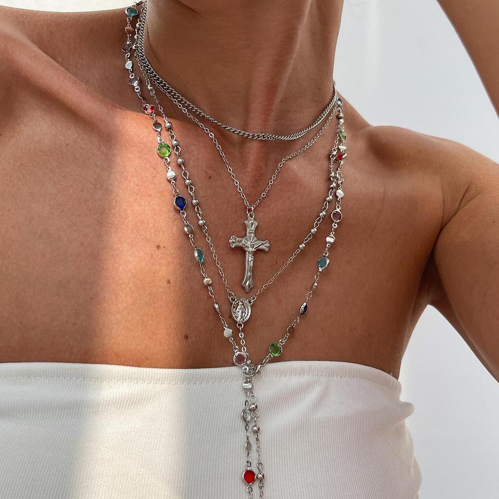 Strasskreuz & Blume Kristall Halsketten Set - Kupferbeschichtete Eisenkette, 3 Teile